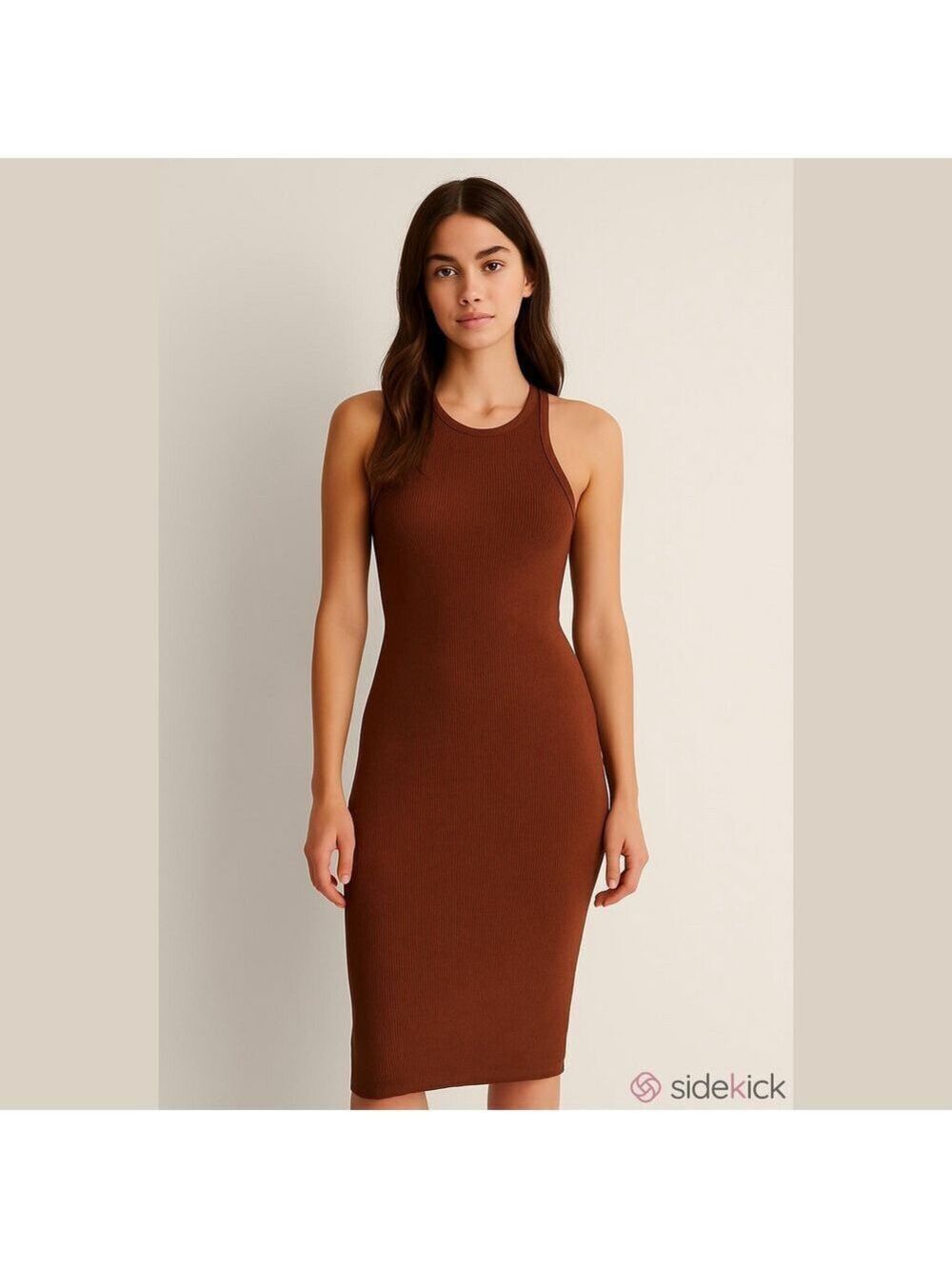 Women's BSL Brown Ribbed Mini Dress with Open Back, Size S